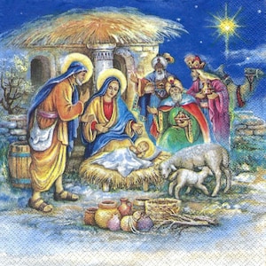 Decoupage Napkins Nativity Scene  Birth of Christ Christmas Manger Scene, Includes Three Individual High Quality Cocktail Size Paper Napkins
