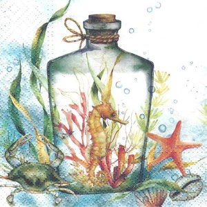 Decoupage Napkins Bottled Seahorse Star Fish & Shells, Set of Three Cocktail Size For Decoupage Scrapbooking Junk Journaling Cards Paper Art