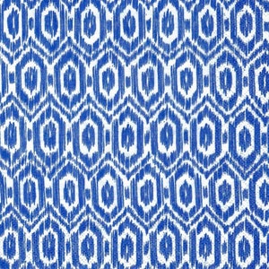 May include: A white fabric with a blue geometric pattern. The pattern is made up of repeating hexagons with a white center and blue lines.