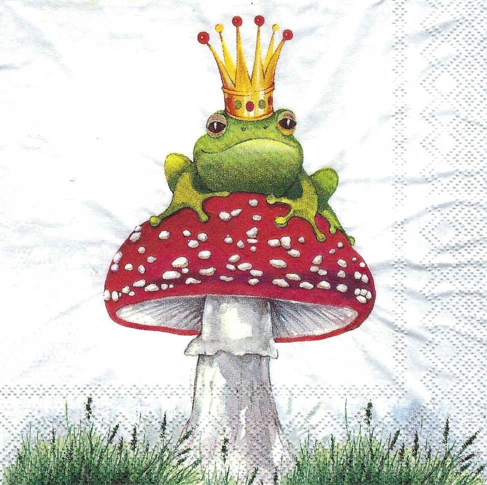 Lucky Frog King Decoupage Napkins on a Red Mushroom Toad Stool, Includes Three Individual Luncheon Size Paper Napkins, Frog with Crown