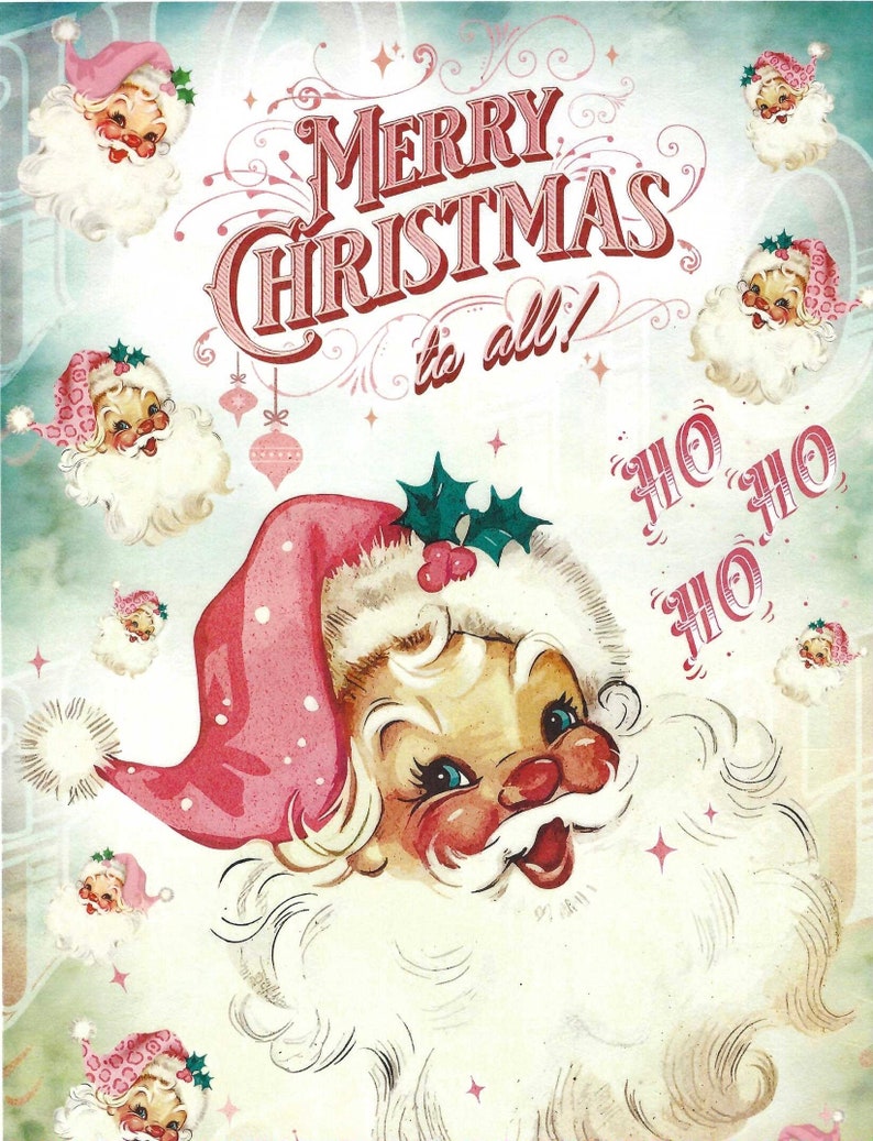 Puede incluir: Una tarjeta de Navidad vintage con una ilustraci&oacute;n de Pap&aacute; Noel rosa y blanco. La tarjeta tiene el texto "Merry Christmas to all!" y "Ho Ho Ho" en una fuente de letra rosa.