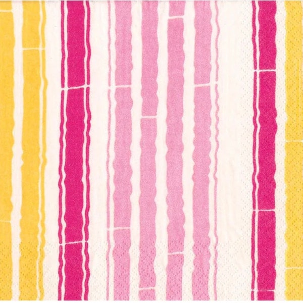 Decoupage Napkins Stripes in Fuchsia, Pink and Yellow, Three Individual Cocktail Size for Scrapbooking Journaling Decoupage Crafts