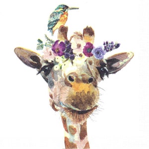 Pretty Giraffe with Bluebird and Florals Decoupage Napkins on White Background Includes Three Individual Luncheon Size Paper Napkins