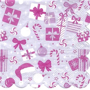 Decoupage Napkins Pink Christmas Theme Bows, Packages Candies Includes Three Premium Quality Luncheon Size Paper Napkins