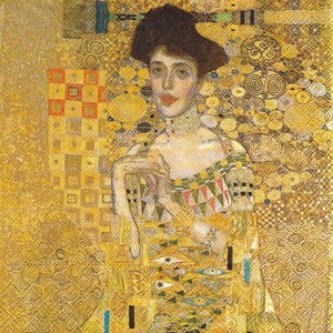 May include: A portrait painting of a woman with dark hair and a gold background. The woman is wearing a gold and black dress with a geometric pattern. The background is covered in gold paint with a variety of patterns.