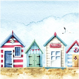 May include: Watercolor illustration of four colorful beach huts on a sandy shore under a cloudy sky. The huts are painted in red and white stripes, light blue, white with a "welcome" sign, and blue stripes. A seagull flies overhead.