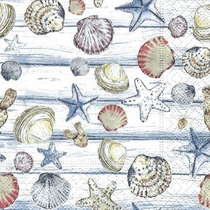 Decopauge Napkins Seahorse Starfish and Shell Beach Theme Print Blue and White, Three Individual Cocktail 5&quot; Size Premium Quality Paper