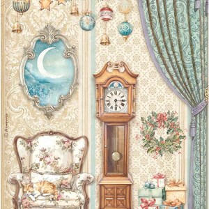 May include: A vintage-style illustration of a cozy living room with a floral armchair, a grandfather clock, and a wreath hanging on the wall. There are presents stacked on the floor and a cat sleeping in the chair. The room is decorated with Christmas ornaments and a crescent moon in a frame.