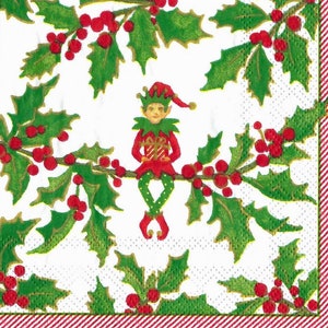 Decoupage Napkins Christmas Elves and Holly with Berries White Background Three Cocktail Size for Scrapbooking Decoupage Journaling