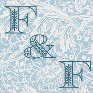 May include: A blue and white floral patterned background with the letters "F & F" in a decorative font.