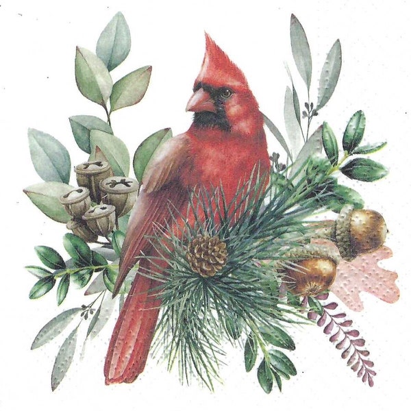 Christmas Decoupage Napkins Featuring Cardinal Greens & Acorns, Includes Three Premium Quality Cocktail Size Paper Napkins