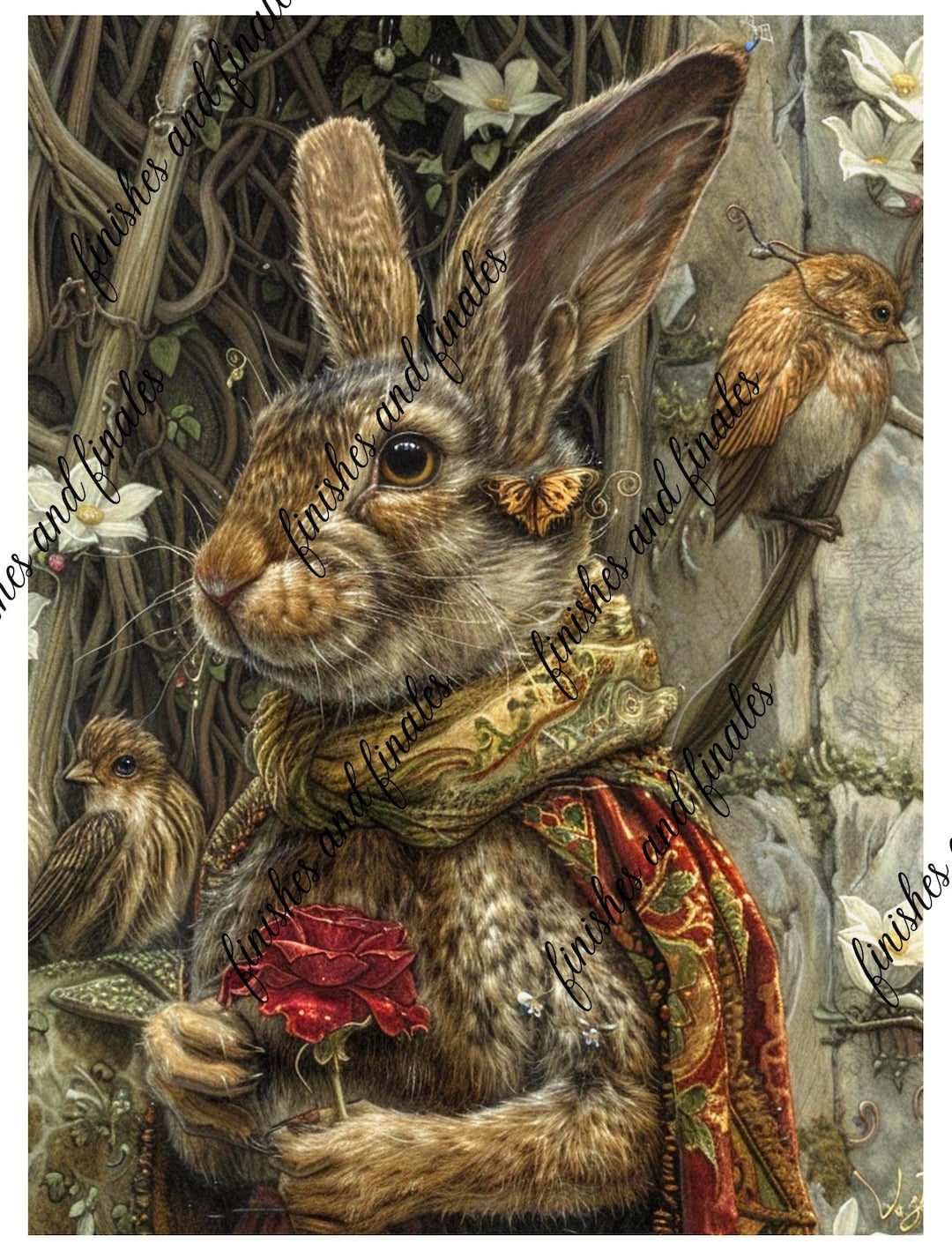 Victorian Rabbit Rice Paper Whimsical Fantasy Rabbit With Birds in ...