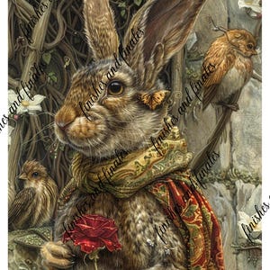May include: A brown rabbit wearing a red and gold patterned scarf holds a red rose in its paws. The rabbit has a butterfly on its ear and is surrounded by green foliage and white flowers.