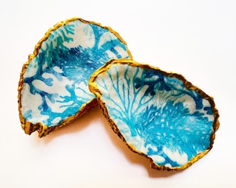 Oyster Shell Art Ring Trinket Dish Blue and White Sea Coral with Gold Trim and Back, Gift for Mom, Hostess, Beach House Coastal Decor