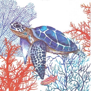 May include: A watercolor painting of a sea turtle swimming through coral reefs. The turtle is blue and green with a brown shell. The coral is red and blue.