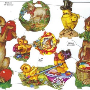 Easter Rabbits and Chicks Theme Die Cut Sheet Embossed with Mica Vintage Style Imported from Germany Pre Cut For Scrapbooks, Card Making Etc