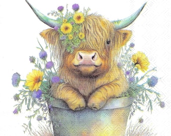 Highland Cow Decoupage Napkins Shaggy Cow with Flowers Luncheon Size for Scrapbooking Decoupage Journaling Card Making Arts and Crafts