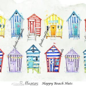 May include: Watercolor illustration of colorful beach huts. Each hut features unique striped patterns in yellow, blue, red, and purple. Some have doors, windows, and decorative elements like life rings and anchors. The text "Happy Beach Huts" is at the bottom.