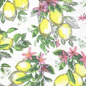Decoupage Napkins Lemon Theme Allover Print, Package of Three Cocktail Size, Yellow Green, and White, Decoupage Scrapbooking