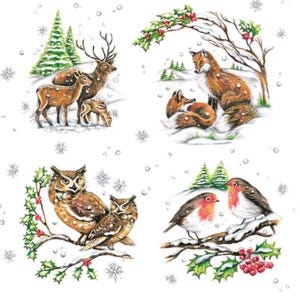Winter Forest Animals  Fox Deer Owls Birds Penguins, Rabbits Polar Bears, Three Individual High Quality Luncheon Size Paper