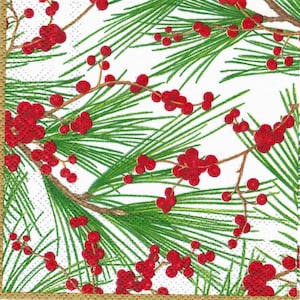 Decoupage Napkins Christmas Pine Branches with Red Holly Berries on White Background,  Three Premium Quality Cocktail Size Paper Napkins