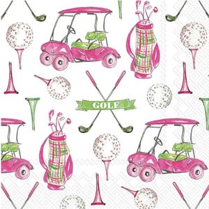 Decoupage Napkins Golf Cart Theme in Pink and Green on White, Includes Three Cocktail Size Napkins for Scrapbooking, Decoupage, Journaling