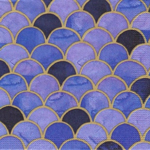Decoupage Napkins Blue and Purple Art Deco with Gold Capiz Shell Scallop Pattern, Three Luncheon Size Napkins for Scrapbooking Journaling