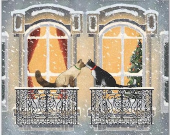 May include: Two cats, one white and one black, are kissing on a snowy balcony with wrought iron railings. The cats are looking at each other with their heads tilted. The balcony is decorated with Christmas lights and a Christmas tree.