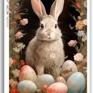 Easter Bunny and Easter Eggs Rice Paper in A4 Size with Flowers, Easter Decoupage Paper for Cards, Journals, Scrapbooking in Pink Brown Blue