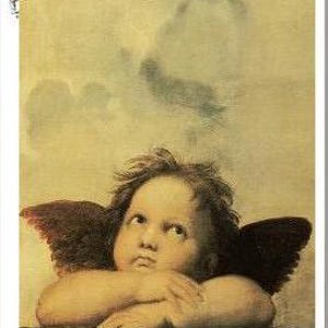 May include: A Renaissance-style painting of a cherub with brown wings and curly hair. The cherub's arms are crossed, and it gazes upward with a contemplative expression. The background features soft, cloud-like shapes.