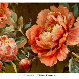 May include: A vintage-style floral print featuring large, coral-colored peonies with green leaves and buds against a dark, textured background. The image includes the text "llo2025 Vintage Peonies 2025".
