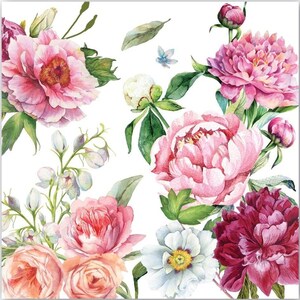 Decoupage Napkins Blush Peonies  Pink Peonies on White Background, Three Cocktail Size Napkins Decoupage Scrapbooking Home Dec