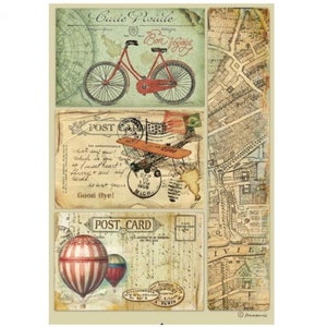 Stamperia Rice Paper Around the World Postcard Decoupage Card Making Journals A4 Size Imported Bicycle Air Plane Hot Air Balloons