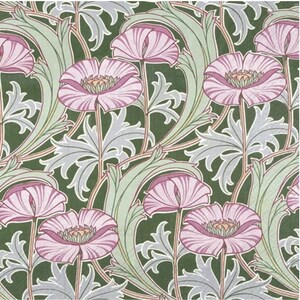 May include: A repeating pattern of pink flowers with green and gray leaves on a dark green background. The flowers have a white outline and a pink center.