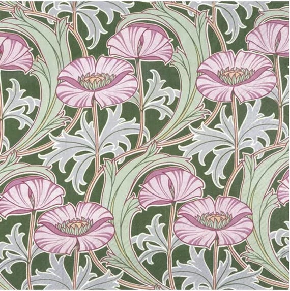 Pink and Green Floral Decoupage Napkins V & A Museum Collection Otherworldly, Includes Three Premium Quality Luncheon Size Paper Napkins