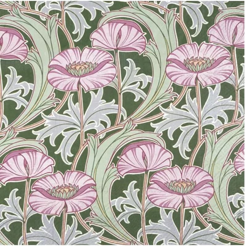 May include: A repeating pattern of pink flowers with green and gray leaves on a dark green background. The flowers have a white outline and a pink center.