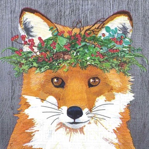 Decoupage Napkins Winter Berry Fox with Red and Green Florals, 3 Luncheon Size for Scrapbooking, Decoupage, Junk Journals, Cards Arts