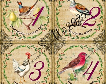 Dodici giorni di Natale - Download digitale - Dodici immagini individuali, stile classico tradizionale vintage, 300 DPI, stampabili per ghirlande e cornici.