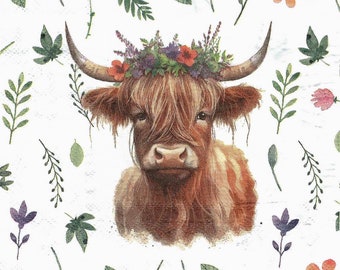 Highland Cow Decoupage Napkins Shaggy Cow with Flowers Luncheon Size for Scrapbooking Decoupage Journaling Card Making Arts and Crafts