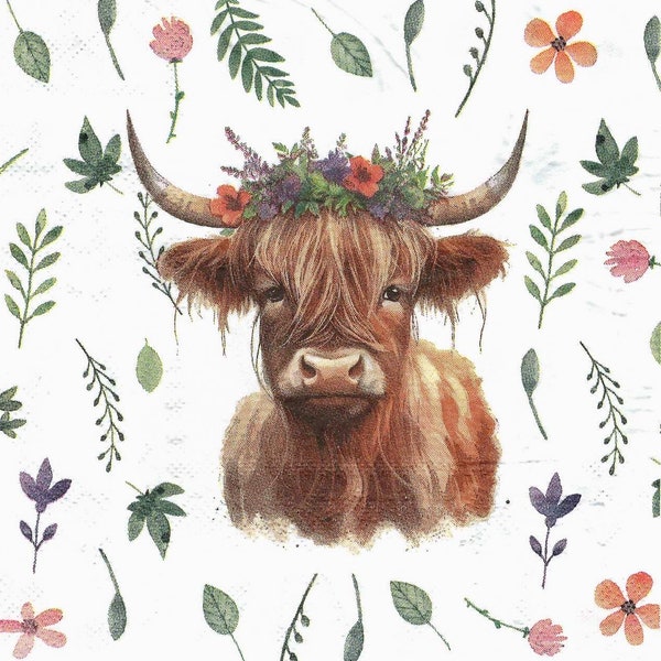 Highland Cow Decoupage Napkins Shaggy Cow with Flowers Luncheon Size for Scrapbooking Decoupage Journaling Card Making Arts and Crafts