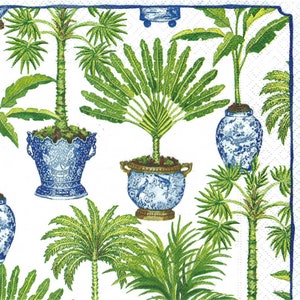 May include: A white background with a repeating pattern of blue and white ceramic pots with green tropical plants. The plants include palm trees, ferns, and banana plants.