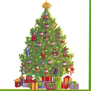 Decoupage Napkins Christmas  Decorated Christmas Tree with Gifts, Three Individual Premium Quality Luncheon Size Paper Napkins