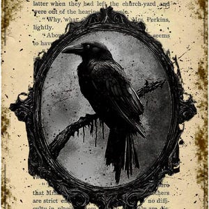 Black Crow Digital Download, Instant Access Print on Rice Paper for Decoupage in Crest on Antique Book Sheet Halloween Crow in Frame