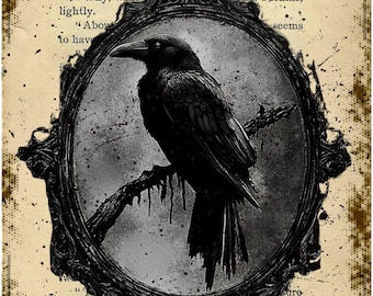 Descarga digital de Cuervo Negro, acceso instantáneo. Impresión en papel de arroz para decoupage en escudo sobre hoja de libro antiguo. Cuervo de Halloween enmarcado.