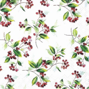 Decoupage Napkins Christmas  Red Holly Berries and Greens on White Background Includes Three Cocktail Size Paper Napkins