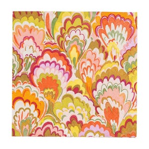 May include: A square, patterned textile featuring a repeating floral design in shades of orange, yellow, pink, and green. The abstract pattern has a retro, psychedelic vibe, with swirling, organic shapes against a white background.