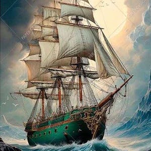Pirate Ship Sailing Moon Decoupage Rice Paper Beautiful Ocean Sea Image, One Large Image A4 Size Printed in Italy