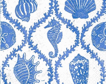 Decoupage Napkins in a Coastal Shell and Sea Horse Theme Allover Print, Three Blue and White Cocktail Size Napkins on White Background