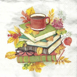 May include: A stack of books with a cup of coffee, autumn leaves, and eyeglasses. The books have green and brown covers. The coffee cup is red. Yellow and orange leaves surround the books, with red berries and a small acorn.