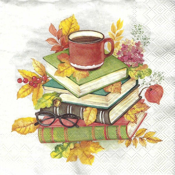 Decoupage Napkins Coffee Lover Reading Books, Three Individual Full Size for Scrapbooking Decoupage Journaling
